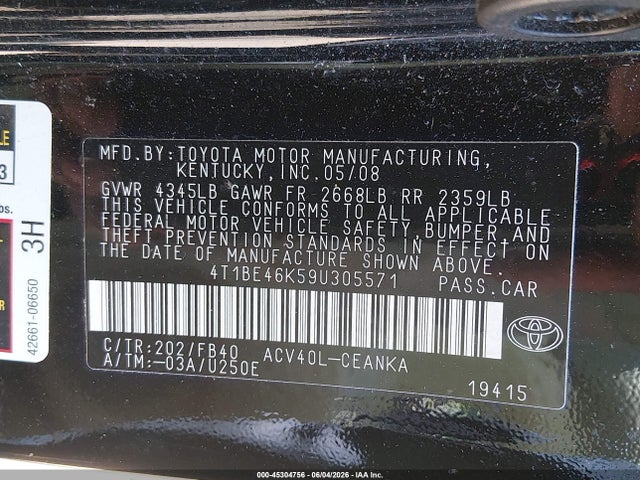 Продажа на аукционе авто 2009 Toyota Camry Le, vin: 4T1BE46K59U305571, номер лота: 45304756