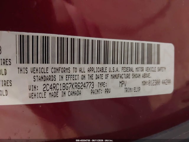 Aukcja sprzedaży 2019 Chrysler Pacifica Touring L, vin: 2C4RC1BG7KR624773, numer aukcji: 45304758