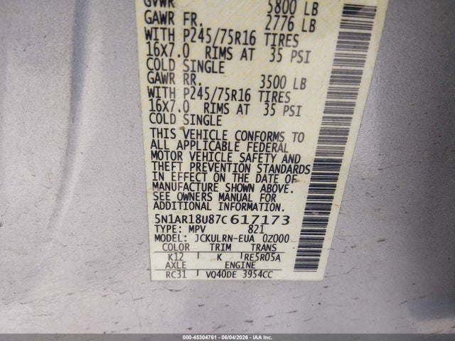 Продаж на аукціоні авто 2007 Nissan Pathfinder S, vin: 5N1AR18U87C617173, номер лоту: 45304761