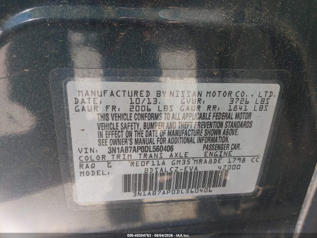 Продаж на аукціоні авто 2013 Nissan Sentra S, vin: 3N1AB7AP0DL560406, номер лоту: 45304763