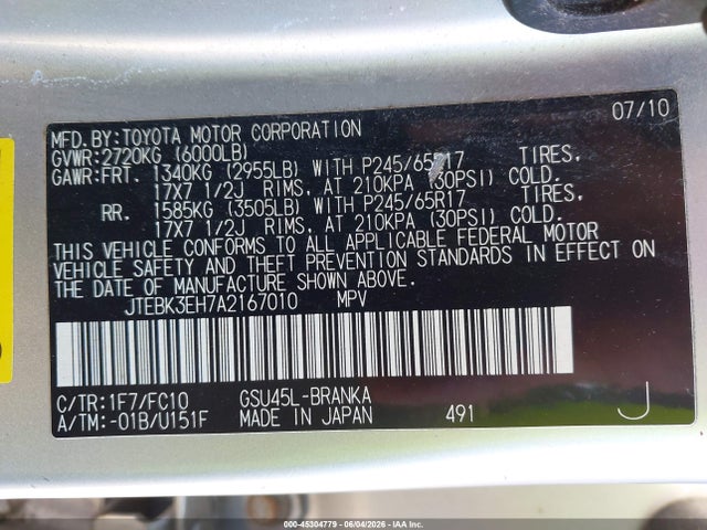 Aukcja sprzedaży 2010 Toyota Highlander Base V6, vin: JTEBK3EH7A2167010, numer aukcji: 45304779