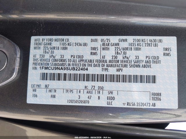 Продаж на аукціоні авто 2025 Ford Escape St-line Select, vin: 1FMCU9NA9SUB22404, номер лоту: 45304804