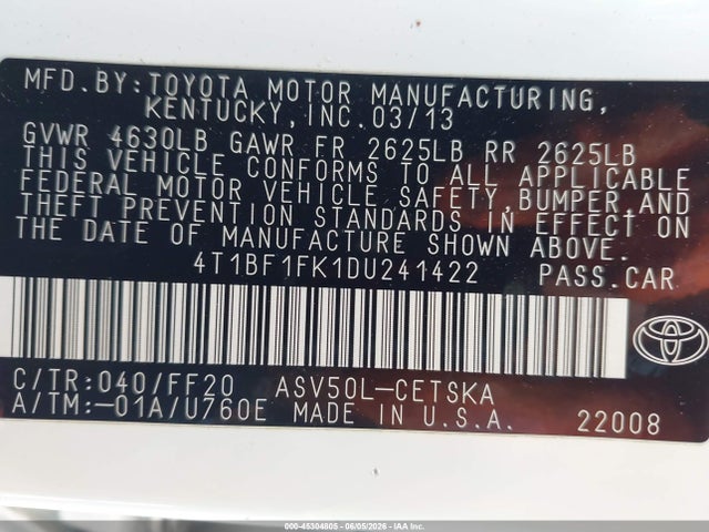 45304805 :رقم المزاد ، 4T1BF1FK1DU241422 vin ، 2013 Toyota Camry Se مزاد بيع