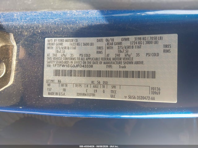45304826 :رقم المزاد ، 1FTFW1EG3JFD43338 vin ، 2018 Ford F-150 Xlt مزاد بيع