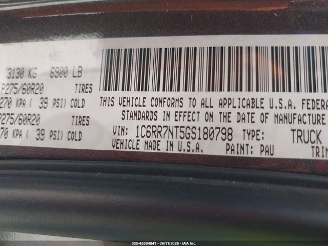 45304841 :رقم المزاد ، 1C6RR7NT5GS180798 vin ، 2016 Ram 1500 Laramie مزاد بيع