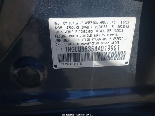 2004 Honda Accord 3.0 Lx მანქანა იყიდება აუქციონზე, vin: 1HGCM66354A019991, აუქციონის ნომერი: 45304860