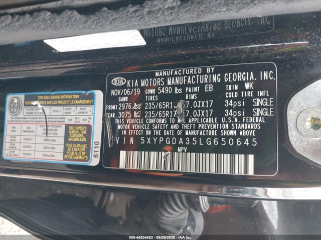 Aukcja sprzedaży 2020 Kia Sorento 2.4l Lx, vin: 5XYPGDA35LG650645, numer aukcji: 45304862