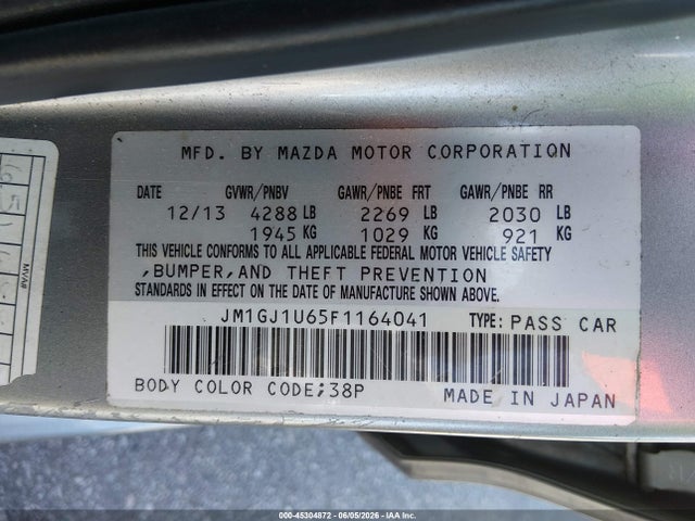 2015 Mazda Mazda6 I Sport მანქანა იყიდება აუქციონზე, vin: JM1GJ1U65F1164041, აუქციონის ნომერი: 45304872
