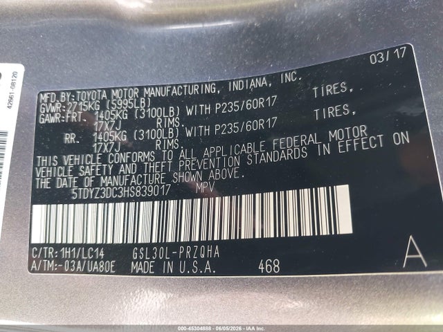 45304888 :رقم المزاد ، 5TDYZ3DC3HS839017 vin ، 2017 Toyota Sienna Xle 8 Passenger مزاد بيع