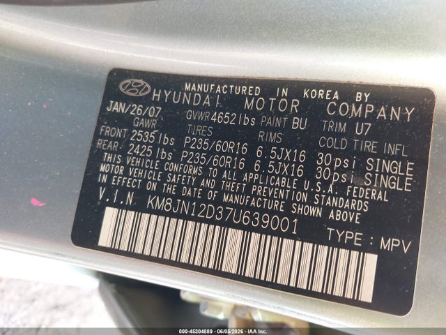 Продажа на аукционе авто 2007 Hyundai Tucson Limited/se, vin: KM8JN12D37U639001, номер лота: 45304889