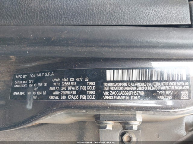 Продаж на аукціоні авто 2018 Jeep Renegade Altitude Fwd, vin: ZACCJABB9JPH52760, номер лоту: 45304894