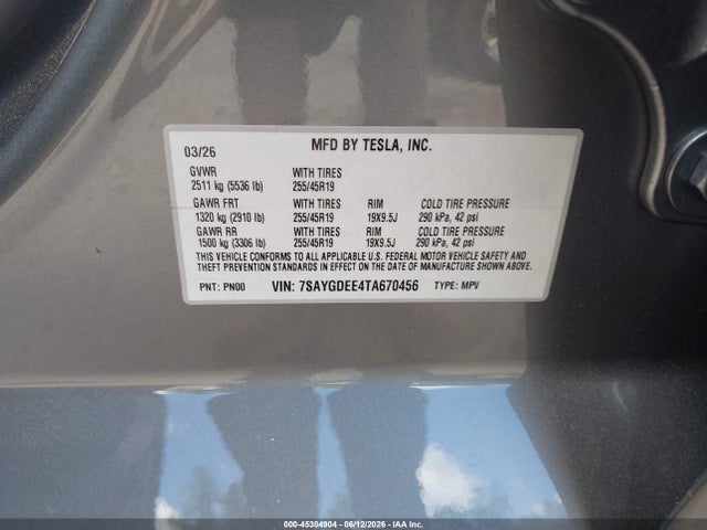 Продаж на аукціоні авто 2026 Tesla Model Y All-wheel Drive/long Range Launch Series/premium All-wheel Drive, vin: 7SAYGDEE4TA670456, номер лоту: 45304904