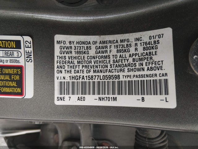 Aukcja sprzedaży 2007 Honda Civic Ex, vin: 1HGFA15877L059598, numer aukcji: 45304909