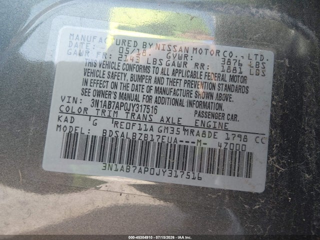 2018 Nissan Sentra S მანქანა იყიდება აუქციონზე, vin: 3N1AB7AP0JY317516, აუქციონის ნომერი: 45304910