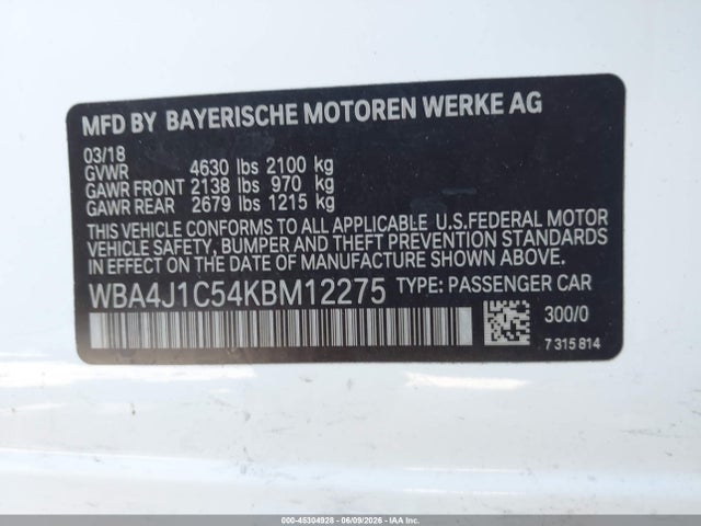 Aukcja sprzedaży 2019 Bmw 430i Gran Coupe, vin: WBA4J1C54KBM12275, numer aukcji: 45304928