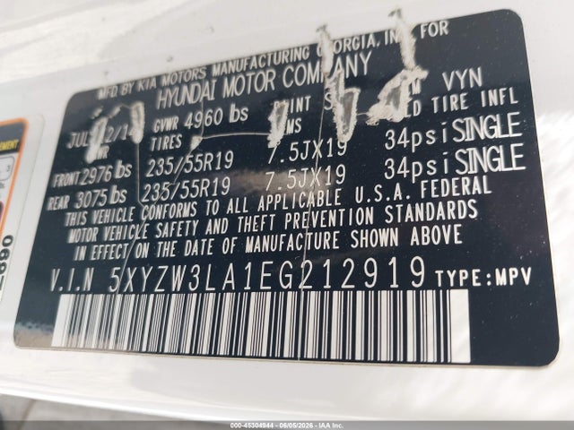 45304944 :رقم المزاد ، 5XYZW3LA1EG212919 vin ، 2014 Hyundai Santa Fe Sport 2.0l Turbo مزاد بيع