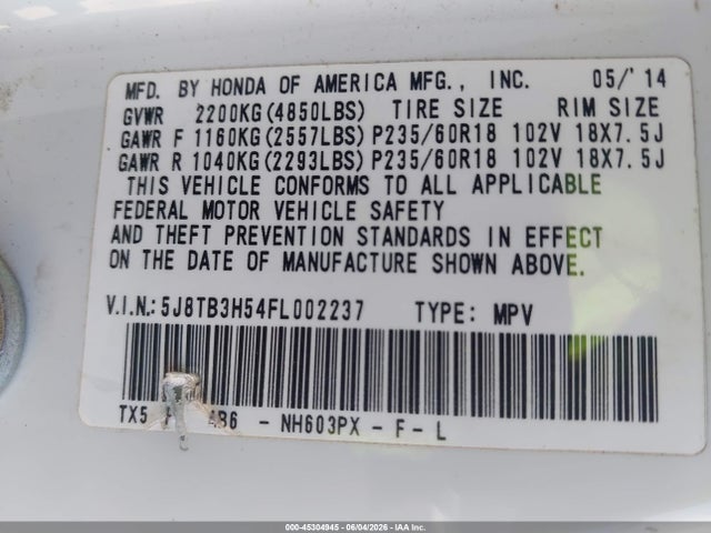 45304945 :رقم المزاد ، 5J8TB3H54FL002237 vin ، 2015 Acura Rdx مزاد بيع