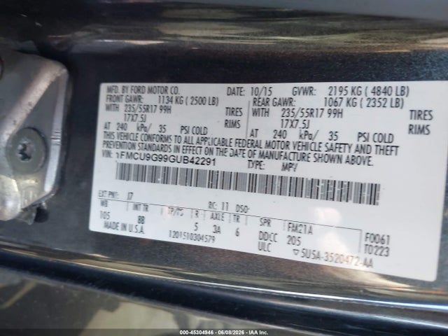 Aukcja sprzedaży 2016 Ford Escape Se, vin: 1FMCU9G99GUB42291, numer aukcji: 45304946