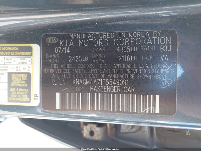 Auction sale of the 2015 Kia Optima Lx, vin: KNAGM4A71F5549091, lot number: 45304951