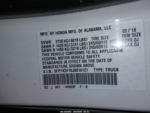Honda Ridgeline Rtl-e 2018 5FPYK3F76JB016121 Image 9