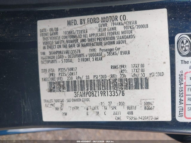 Продажа на аукционе авто 2009 Ford Fusion Sel, vin: 3FAHP08Z19R133578, номер лота: 45304957