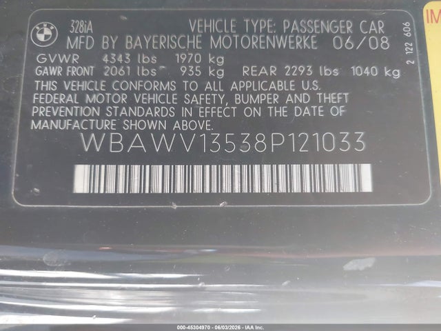 45304970 :رقم المزاد ، WBAWV13538P121033 vin ، 2008 Bmw 328i مزاد بيع