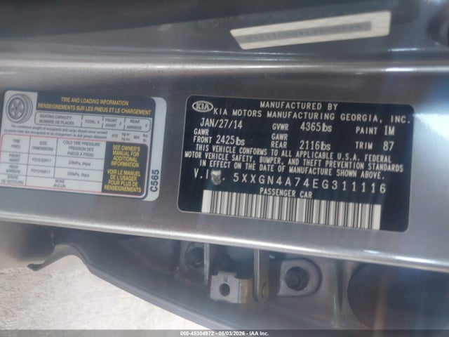45304972 :رقم المزاد ، 5XXGN4A74EG311116 vin ، 2014 Kia Optima Ex مزاد بيع