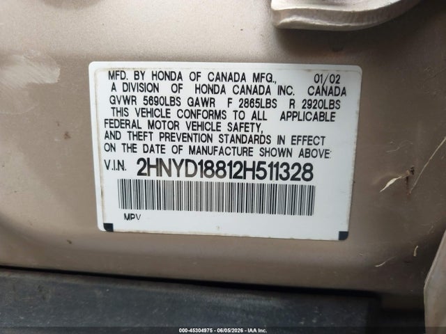 2002 Acura Mdx მანქანა იყიდება აუქციონზე, vin: 2HNYD18812H511328, აუქციონის ნომერი: 45304975