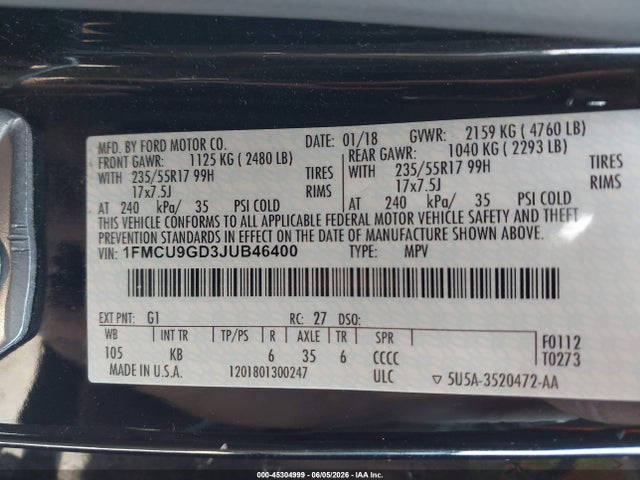 45304999 :رقم المزاد ، 1FMCU9GD3JUB46400 vin ، 2018 Ford Escape Se مزاد بيع