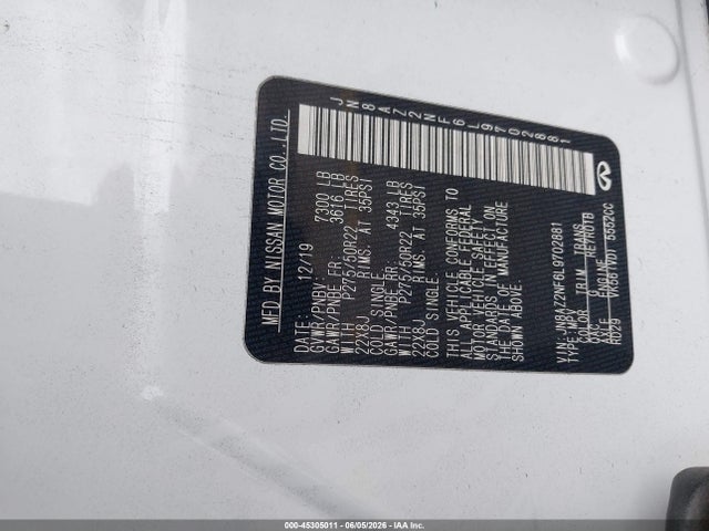45305011 :رقم المزاد ، JN8AZ2NF6L9702881 vin ، 2020 Infiniti Qx80 Luxe مزاد بيع