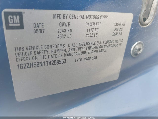 Aukcja sprzedaży 2007 Pontiac G6 Gt, vin: 1G2ZH58N174259553, numer aukcji: 45305043