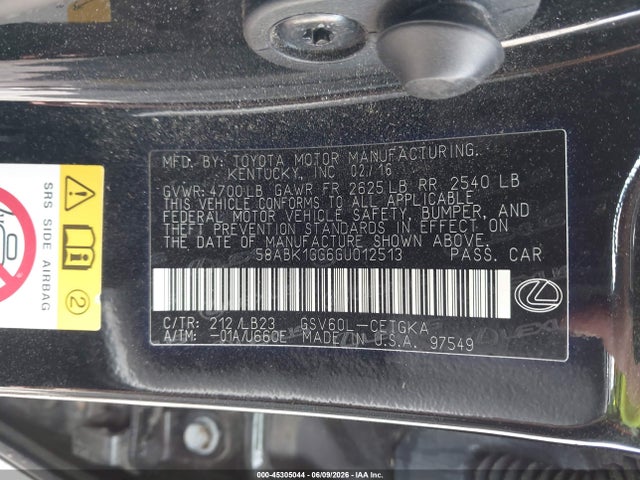 Aukcja sprzedaży 2016 Lexus Es 350, vin: 58ABK1GG6GU012513, numer aukcji: 45305044
