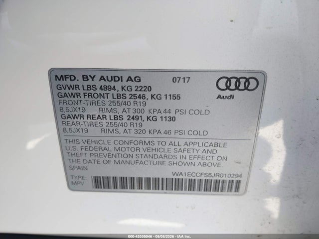 45305046 :رقم المزاد ، WA1ECCFS5JR010294 vin ، 2018 Audi Q3 2.0t Premium/2.0t Sport Premium مزاد بيع