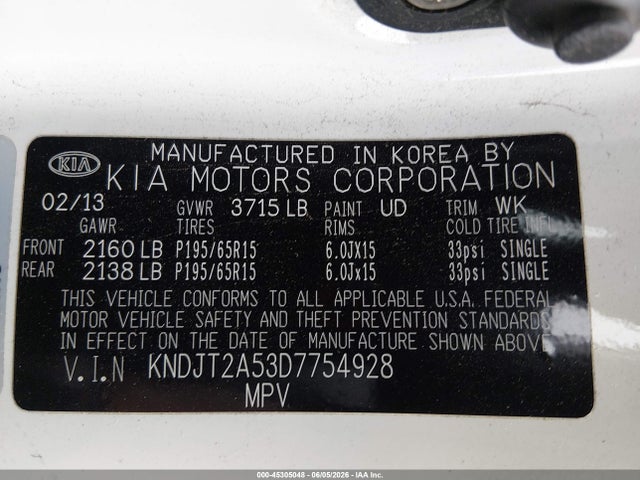 45305048 :رقم المزاد ، KNDJT2A53D7754928 vin ، 2013 Kia Soul مزاد بيع
