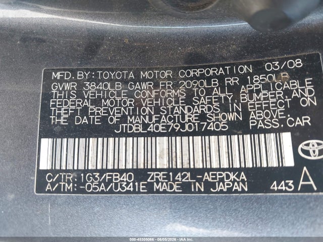 Aukcja sprzedaży 2009 Toyota Corolla Le, vin: JTDBL40E79J017405, numer aukcji: 45305066