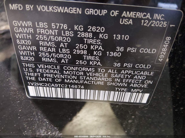 2026 Volkswagen Atlas Cross Sport Se With Technology მანქანა იყიდება აუქციონზე, vin: 1V2HC2CA9TC214674, აუქციონის ნომერი: 45305069