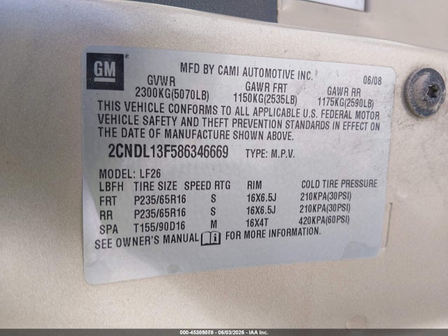 Aukcja sprzedaży 2008 Chevrolet Equinox Ls, vin: 2CNDL13F586346669, numer aukcji: 45305078
