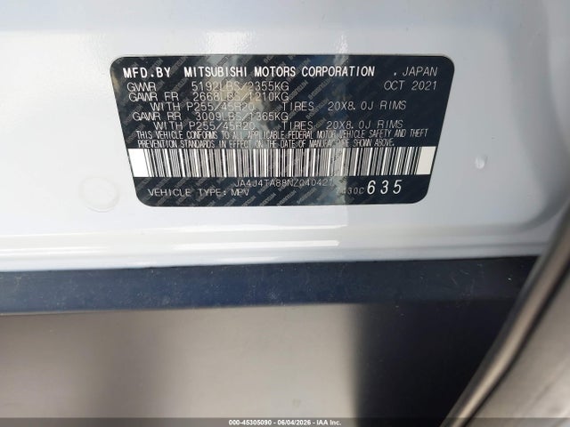 Aukcja sprzedaży 2022 Mitsubishi Outlander Es 2.5 S-awc, vin: JA4J4TA88NZ040421, numer aukcji: 45305090