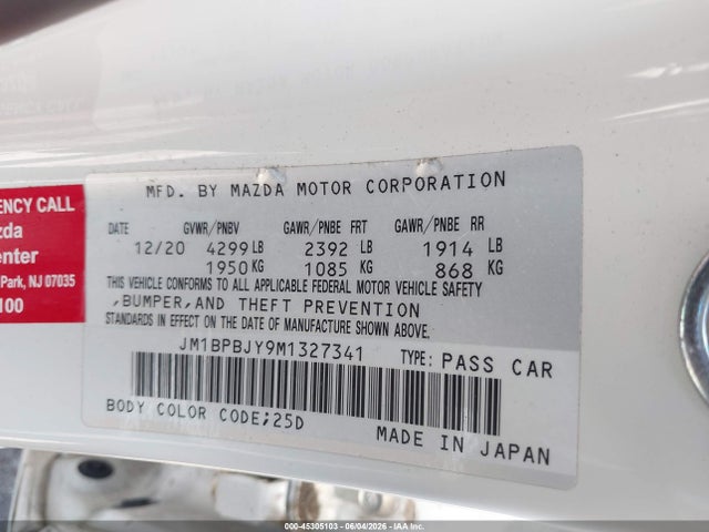 45305103 :رقم المزاد ، JM1BPBJY9M1327341 vin ، 2021 Mazda Mazda3 2.5 Turbo مزاد بيع