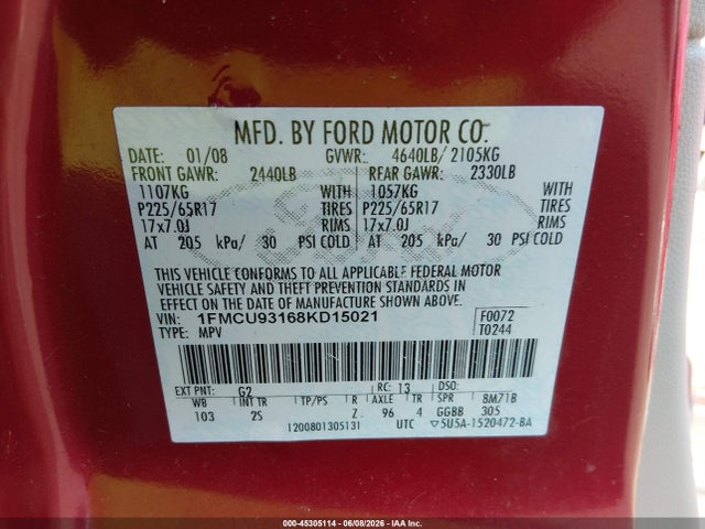 Aukcja sprzedaży 2008 Ford Escape Xlt, vin: 1FMCU93168KD15021, numer aukcji: 45305114