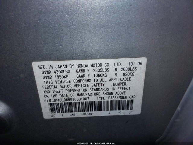 45305124 :رقم المزاد ، JH4CL96997C001007 vin ، 2007 Acura Tsx مزاد بيع