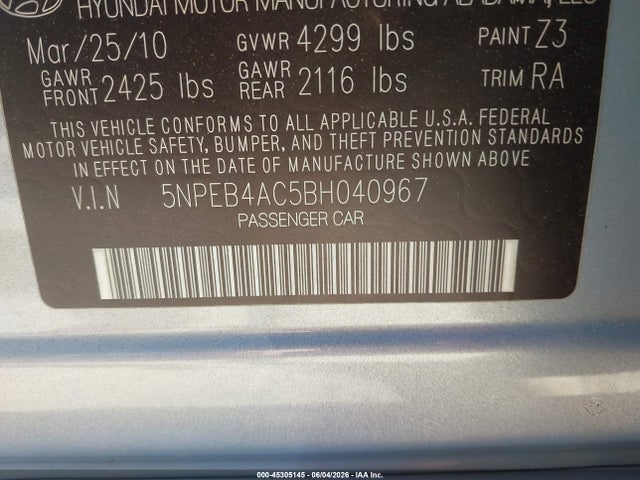 Aukcja sprzedaży 2011 Hyundai Sonata Gls, vin: 5NPEB4AC5BH040967, numer aukcji: 45305145