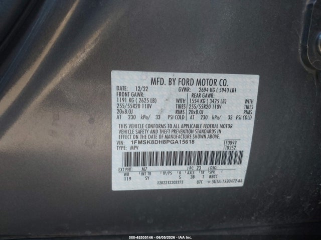 45305146 :رقم المزاد ، 1FMSK8DH8PGA15618 vin ، 2023 Ford Explorer Xlt مزاد بيع