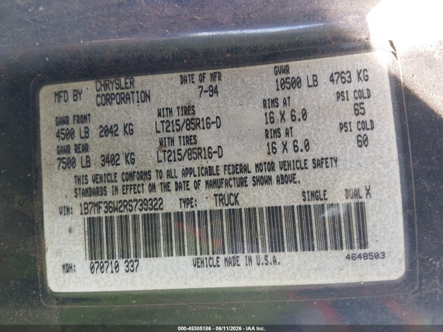 Aukcja sprzedaży 1994 Dodge Ram 3500, vin: 1B7MF36W2RS739322, numer aukcji: 45305186