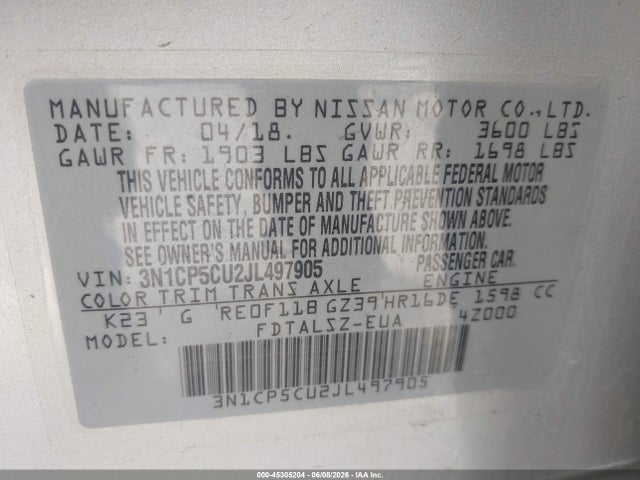 3N1CP5CU2JL497905 Nissan KICKS SV