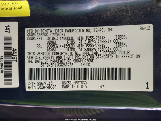 Aukcja sprzedaży 2012 Toyota Tundra Grade 5.7l V8, vin: 5TFDW5F11CX262733, numer aukcji: 45305226