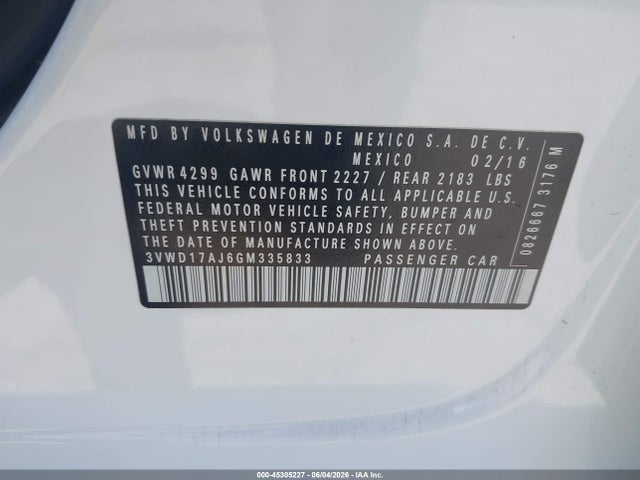 Aukcja sprzedaży 2016 Volkswagen Jetta 1.8t Sport, vin: 3VWD17AJ6GM335833, numer aukcji: 45305227