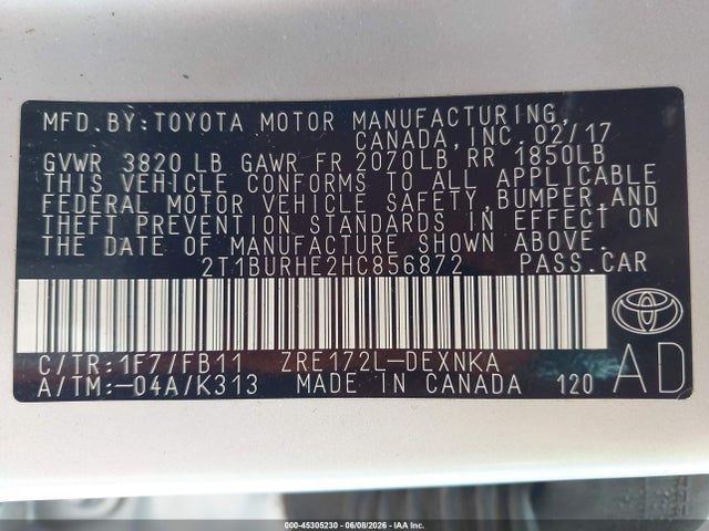 2017 Toyota Corolla Le მანქანა იყიდება აუქციონზე, vin: 2T1BURHE2HC856872, აუქციონის ნომერი: 45305230
