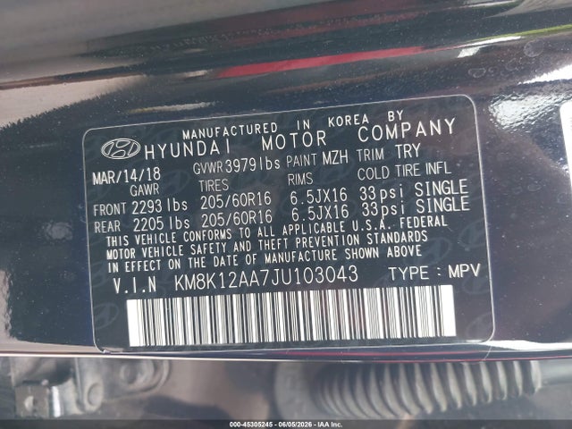45305245 :رقم المزاد ، KM8K12AA7JU103043 vin ، 2018 Hyundai Kona Se مزاد بيع