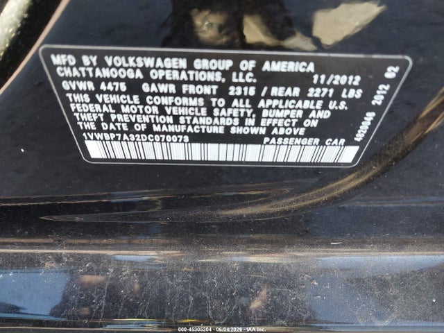 Продажа на аукционе авто 2013 Volkswagen Passat 2.5l Se, vin: 1VWBP7A32DC070073, номер лота: 45305304